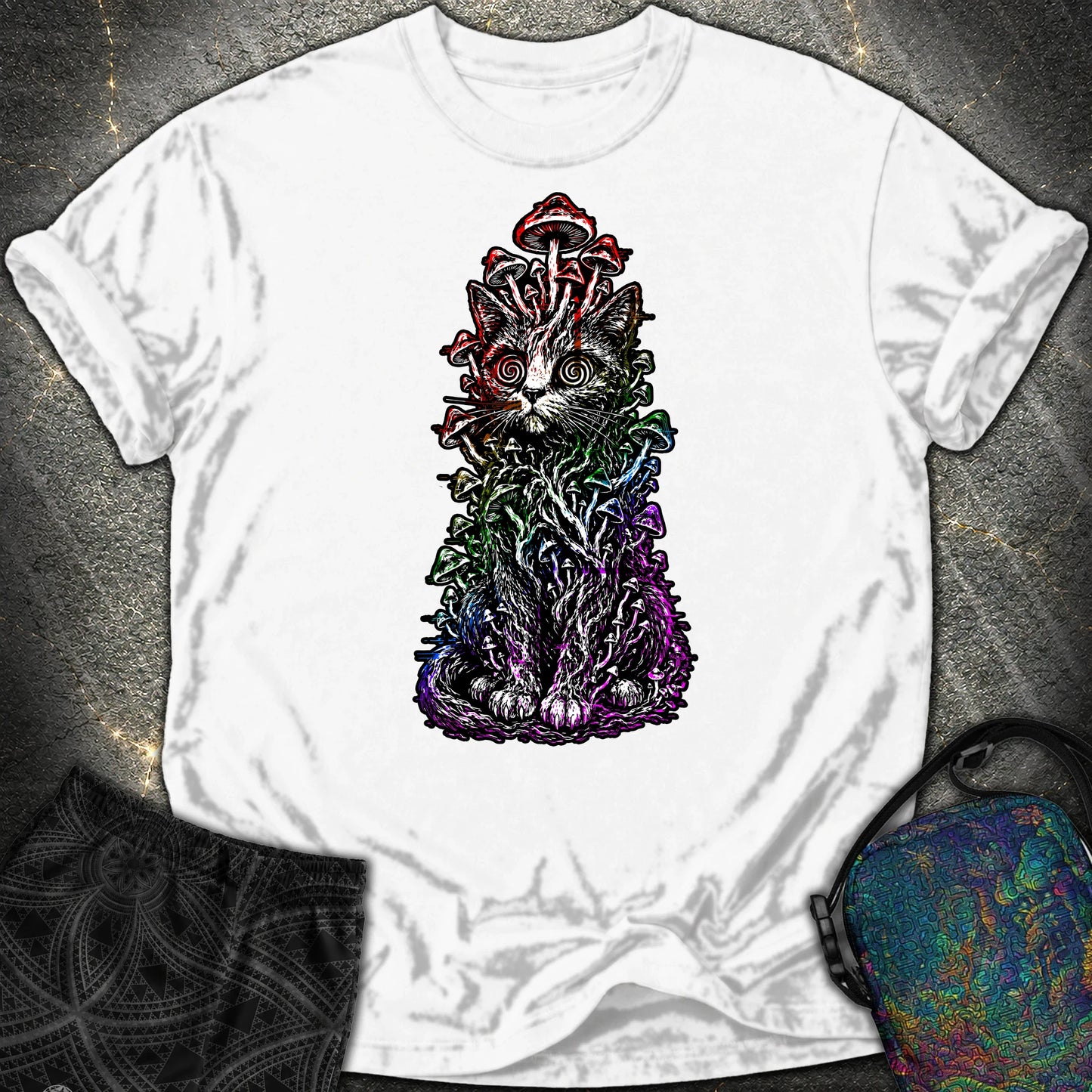 Trippy Mushroom Cat Comfort T-Shirt - Trippy Mushroom Cat Comfort T-Shirt - White