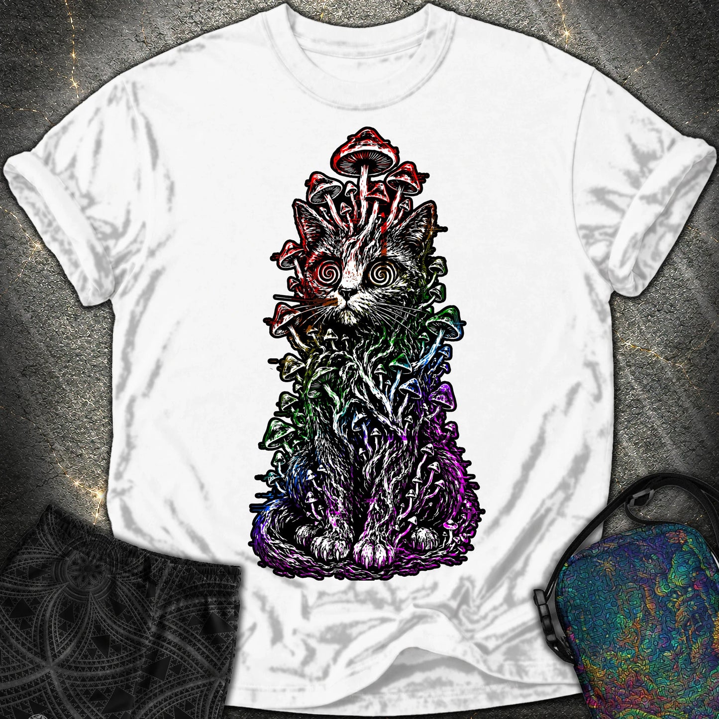 Trippy Mushroom Cat Comfort T-Shirt - Trippy Mushroom Cat Comfort T-Shirt - White