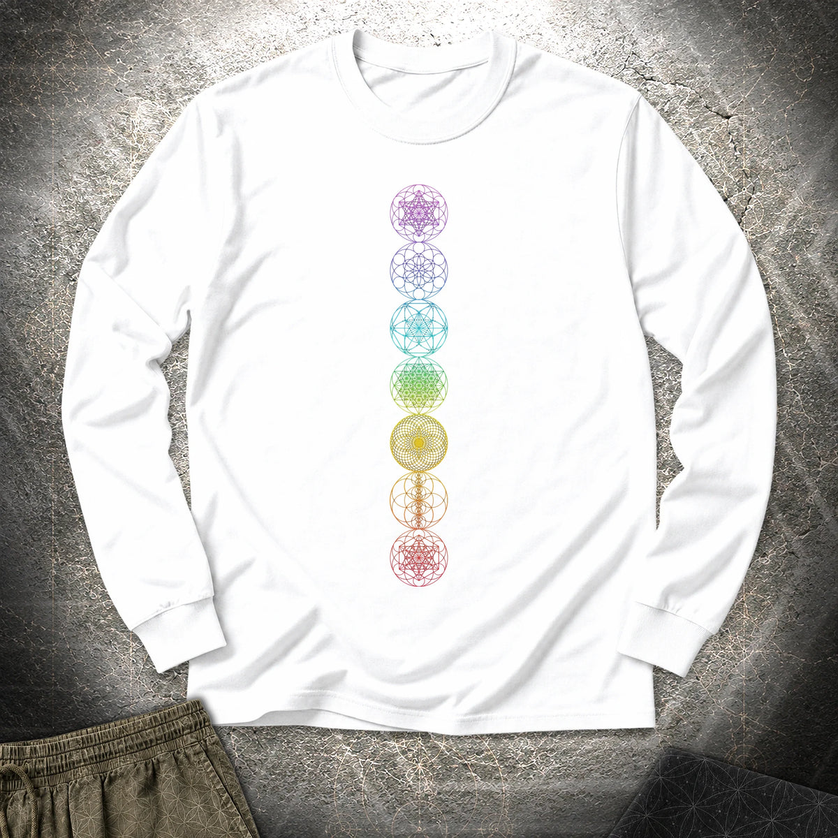 7 Sacred Geometry Chakras - 7 Sacred Geometry Chakras Long Sleeve Shirt - White