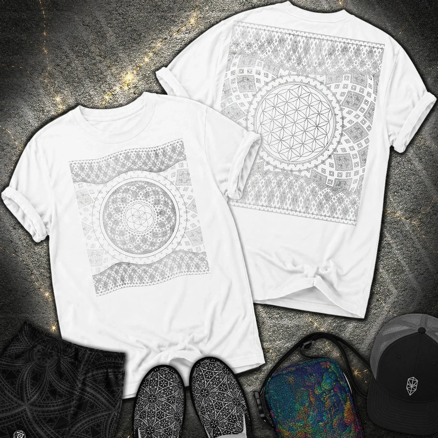 Silver Geometry Flower & Seed of Life Heavyweight 2 Sided Comfort T-Shirt - Silver Geometry Flower & Seed of Life Heavyweight 2 Sided Comfort T-Shirt - White