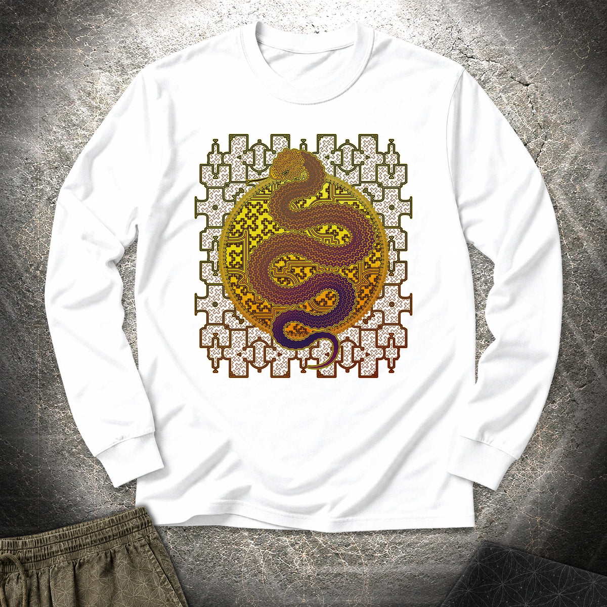 Shipibo Kene Cosmic Snake - Shipibo Kene Cosmic Snake Long Sleeve Shirt - White