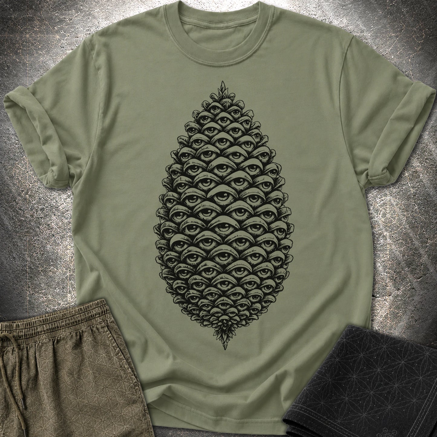 All Seeing Pinecone Black - All Seeing Pinecone Black T-Shirt - Military Green