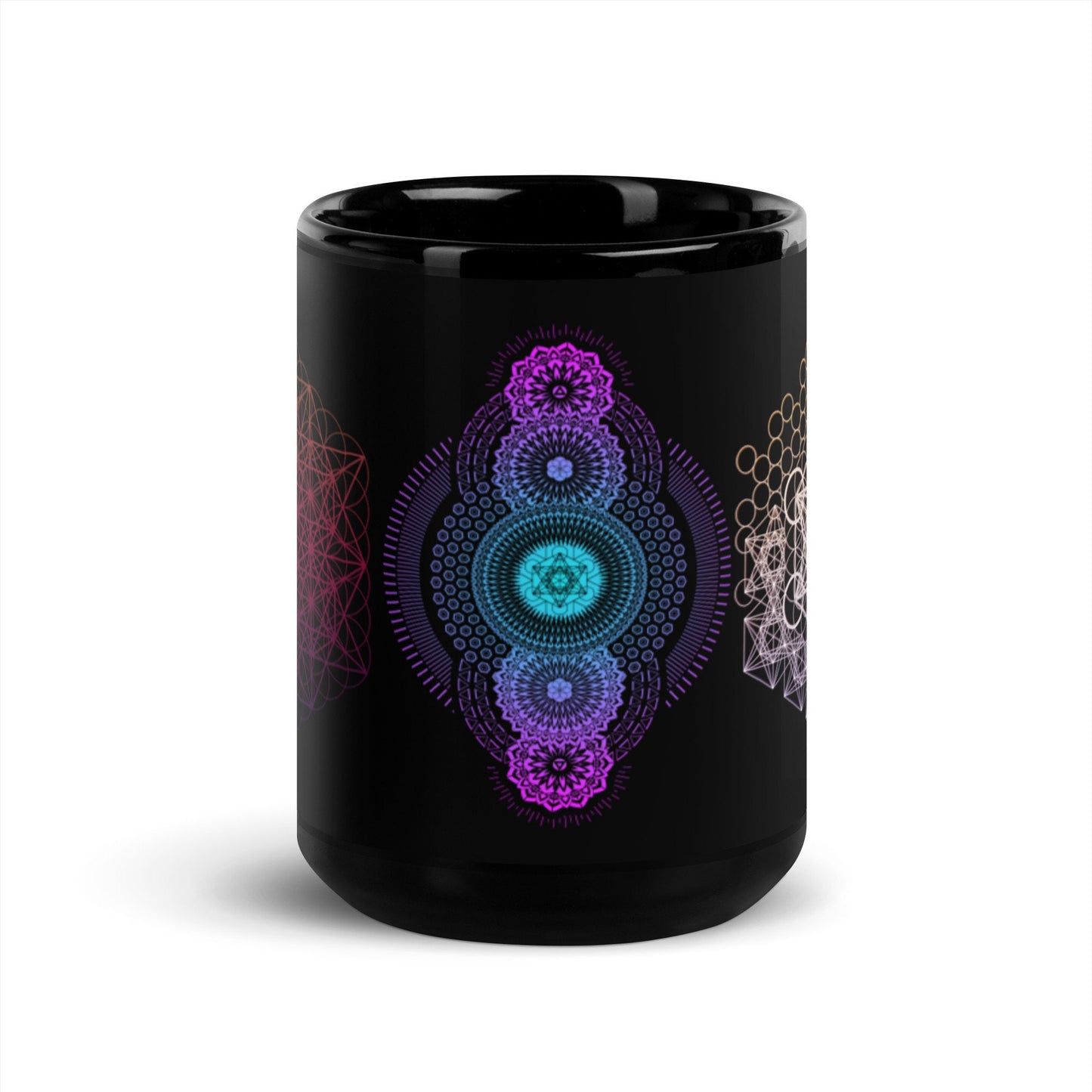 Metatron's Cube | Sacred Geometry | Colorful Gradient | 64 Tetrahedron | Black Glossy Mug