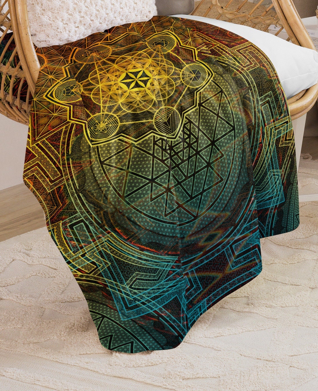 Sri Yantra | Sacred Geometry Patterns | Flower Of Life | Metatron's Cube Cover | Tree Of Life | Metaphysics Art | Psychedelic Sherpa blanket
