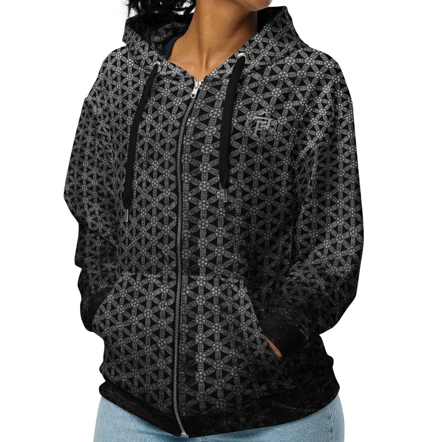 Flower Of Life | Sacred Geometry | Intricate Psychedelic Pattern | Distressed Silver Vintage Look | Festival Clothing | Unisex zip hoodie