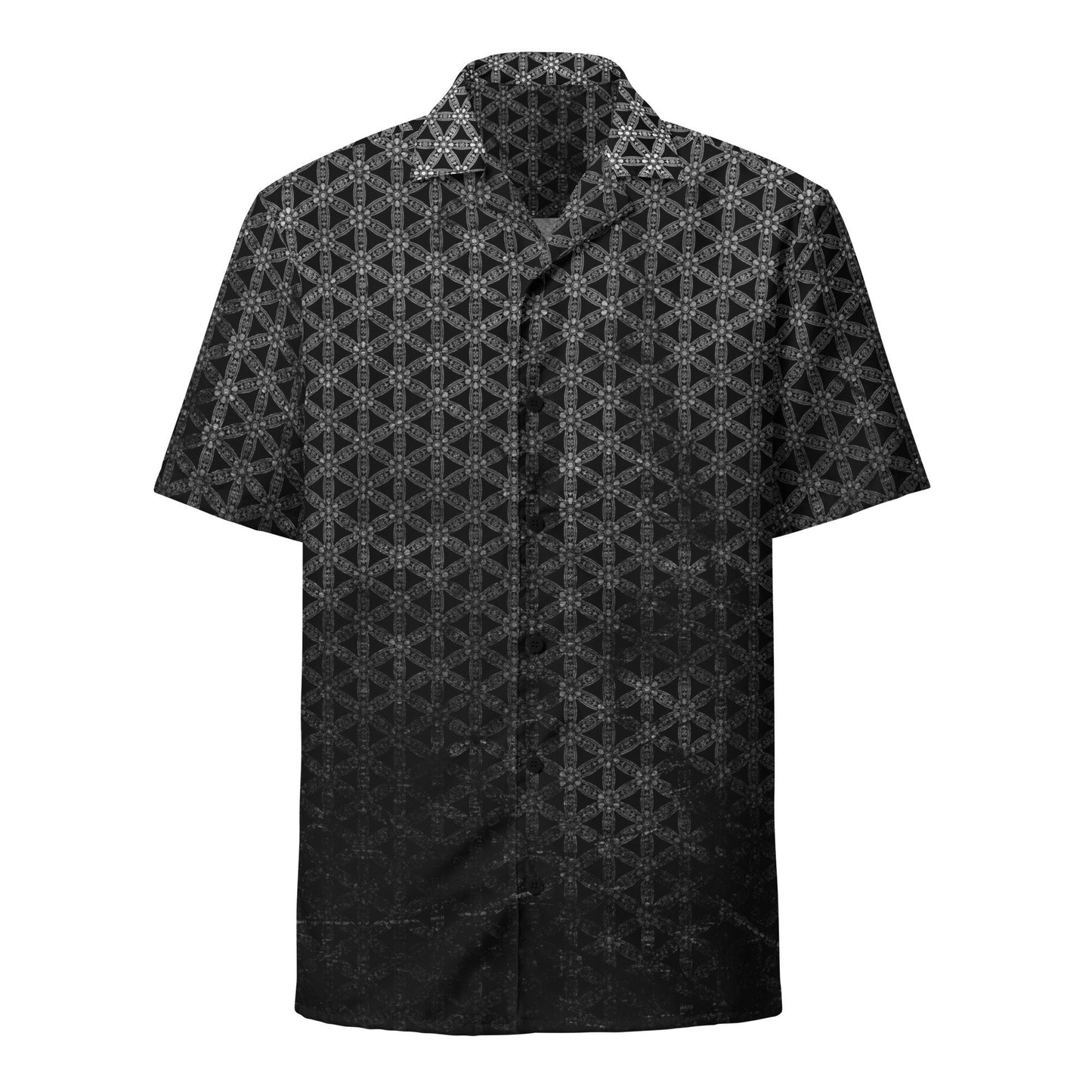 Flower Of Life | Sacred Geometry | Intricate Psychedelic Pattern | Distressed Silver Vintage Look | Festival Clothing | Unisex button shirt