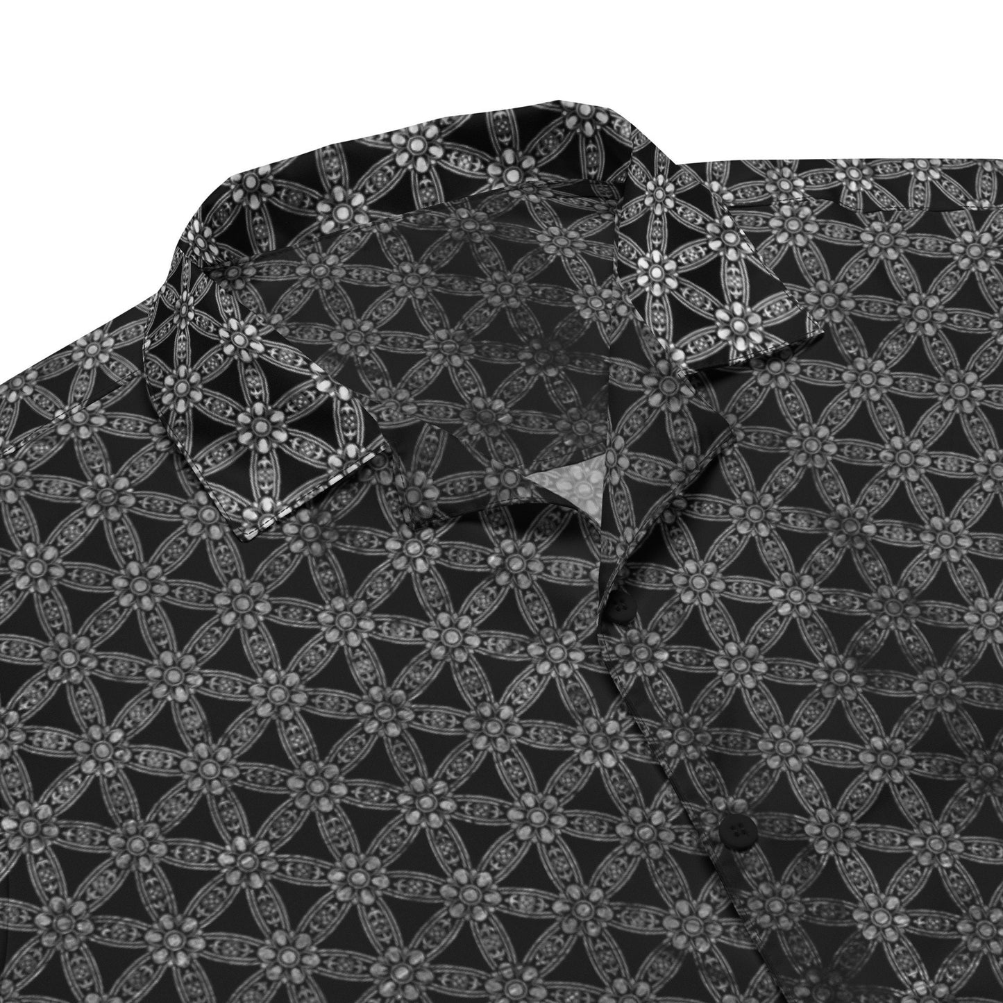 Flower Of Life | Sacred Geometry | Intricate Psychedelic Pattern | Distressed Silver Vintage Look | Festival Clothing | Unisex button shirt