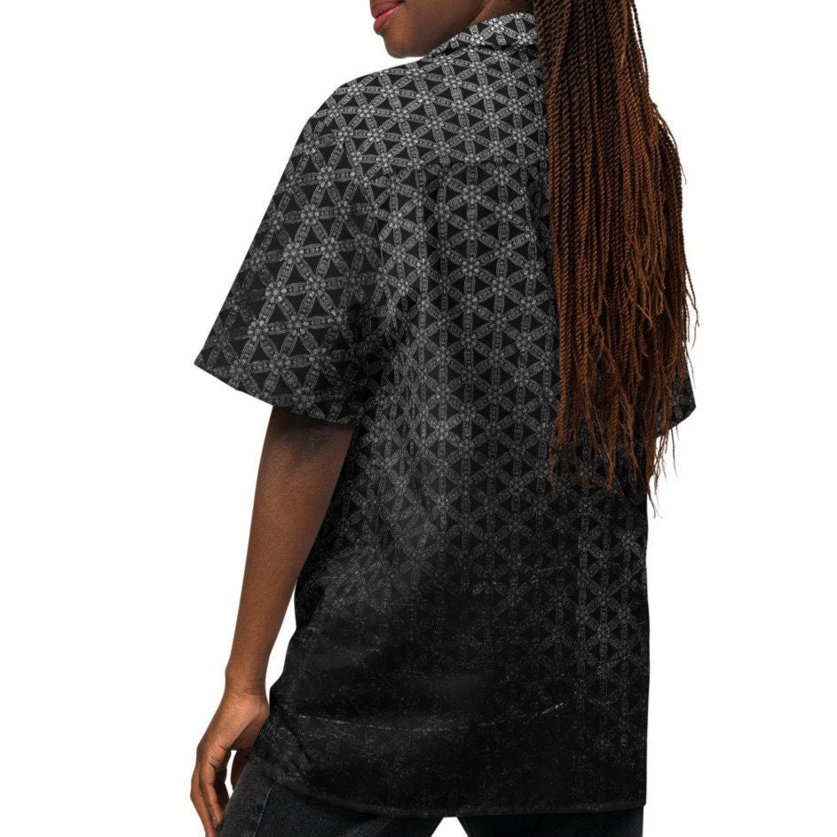 Flower Of Life | Sacred Geometry | Intricate Psychedelic Pattern | Distressed Silver Vintage Look | Festival Clothing | Unisex button shirt