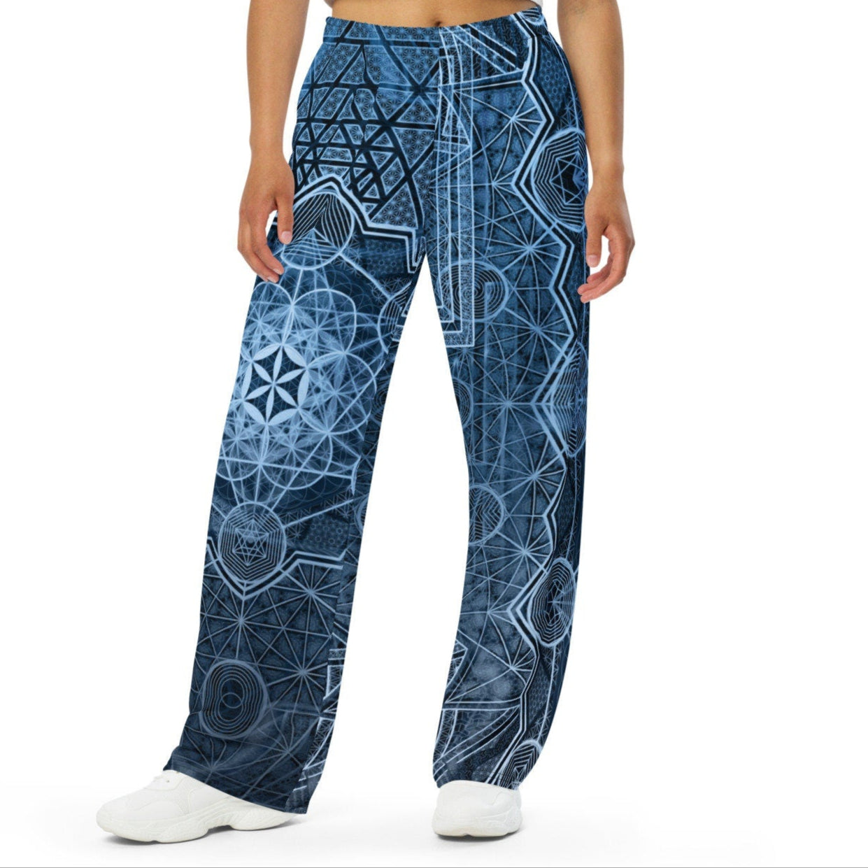 Sri Yantra | Blue Sacred Geometry Patterns | Flower Of Life | Metatrons Cube Pants | Tree Of Life | Psychedelic Wear | Unisex wide-leg pants