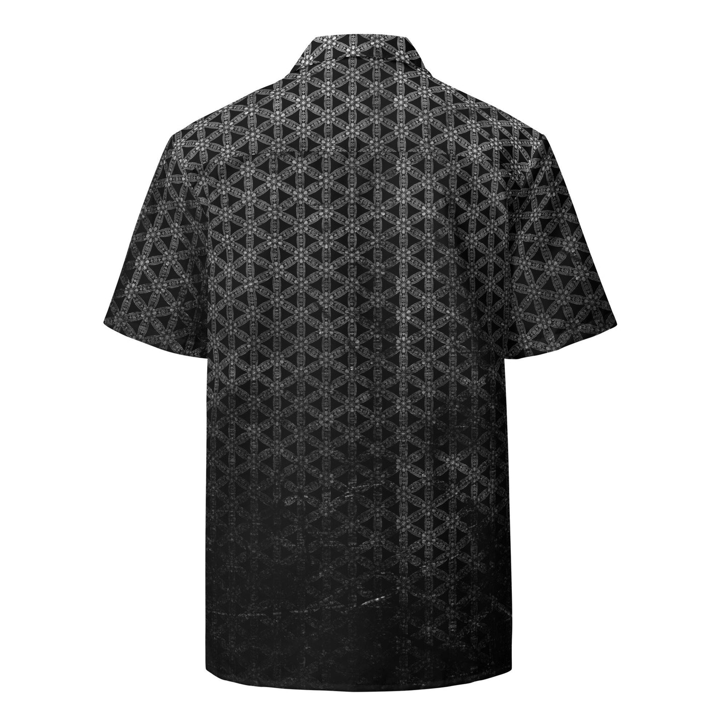 Flower Of Life | Sacred Geometry | Intricate Psychedelic Pattern | Distressed Silver Vintage Look | Festival Clothing | Unisex button shirt