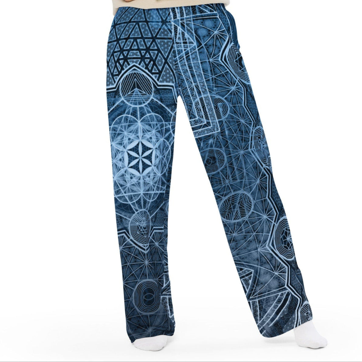 Sri Yantra | Blue Sacred Geometry Patterns | Flower Of Life | Metatrons Cube Pants | Tree Of Life | Psychedelic Wear | Unisex wide-leg pants