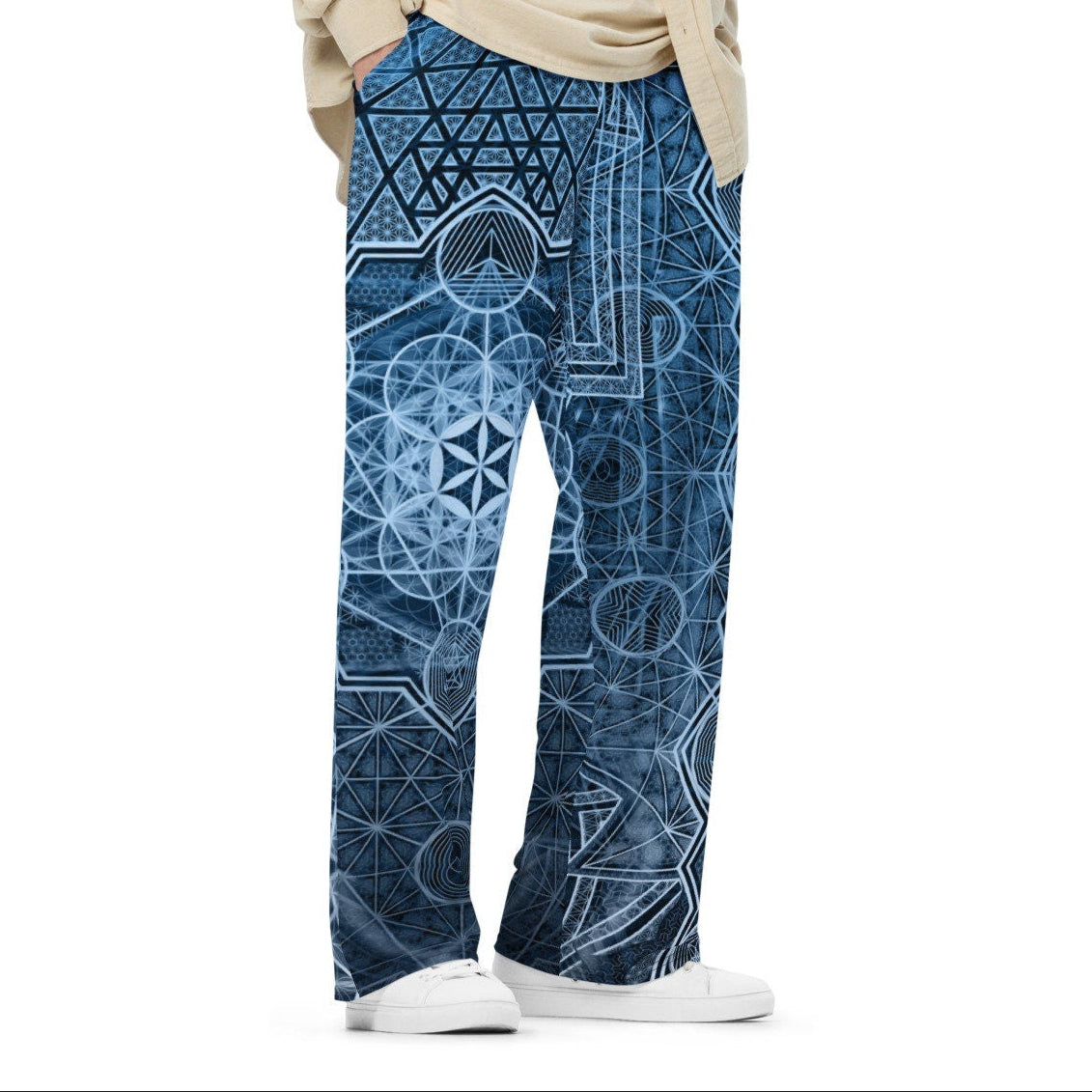 Sri Yantra | Blue Sacred Geometry Patterns | Flower Of Life | Metatrons Cube Pants | Tree Of Life | Psychedelic Wear | Unisex wide-leg pants