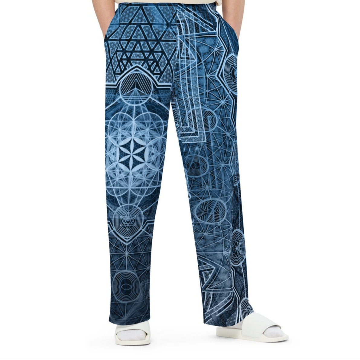 Sri Yantra | Blue Sacred Geometry Patterns | Flower Of Life | Metatrons Cube Pants | Tree Of Life | Psychedelic Wear | Unisex wide-leg pants