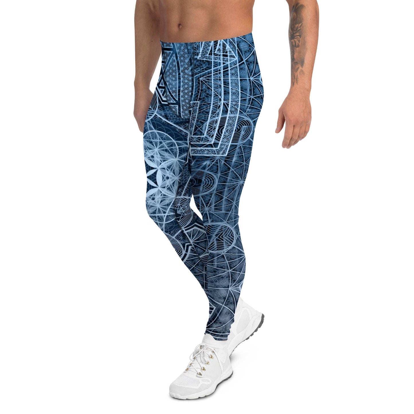 Sri Yantra | Blue Sacred Geometry Patterns | Flower Of Life | Metatrons Cube Clothing | Tree Of Life | Psychedelic Wear | Men's Leggings