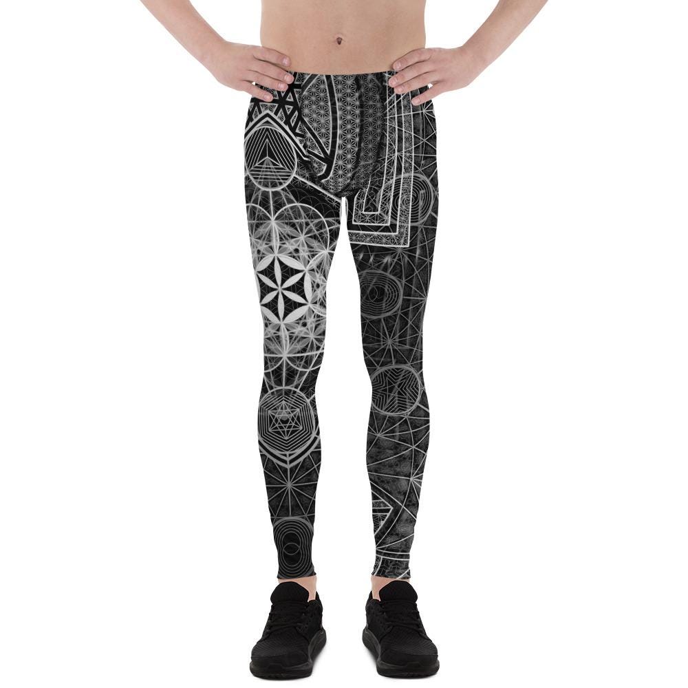 64 Tetrahedron | Sacred Geometry | Merkabah | Flower Of Life | B&W Metatron's Cube | Vector Equilibrium | Psychedelic Men's Leggings