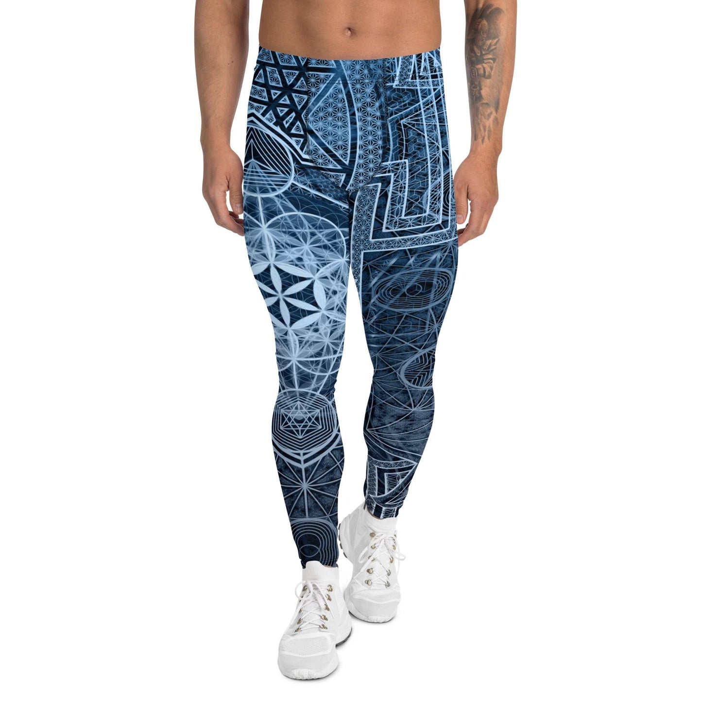 Sri Yantra | Blue Sacred Geometry Patterns | Flower Of Life | Metatrons Cube Clothing | Tree Of Life | Psychedelic Wear | Men's Leggings