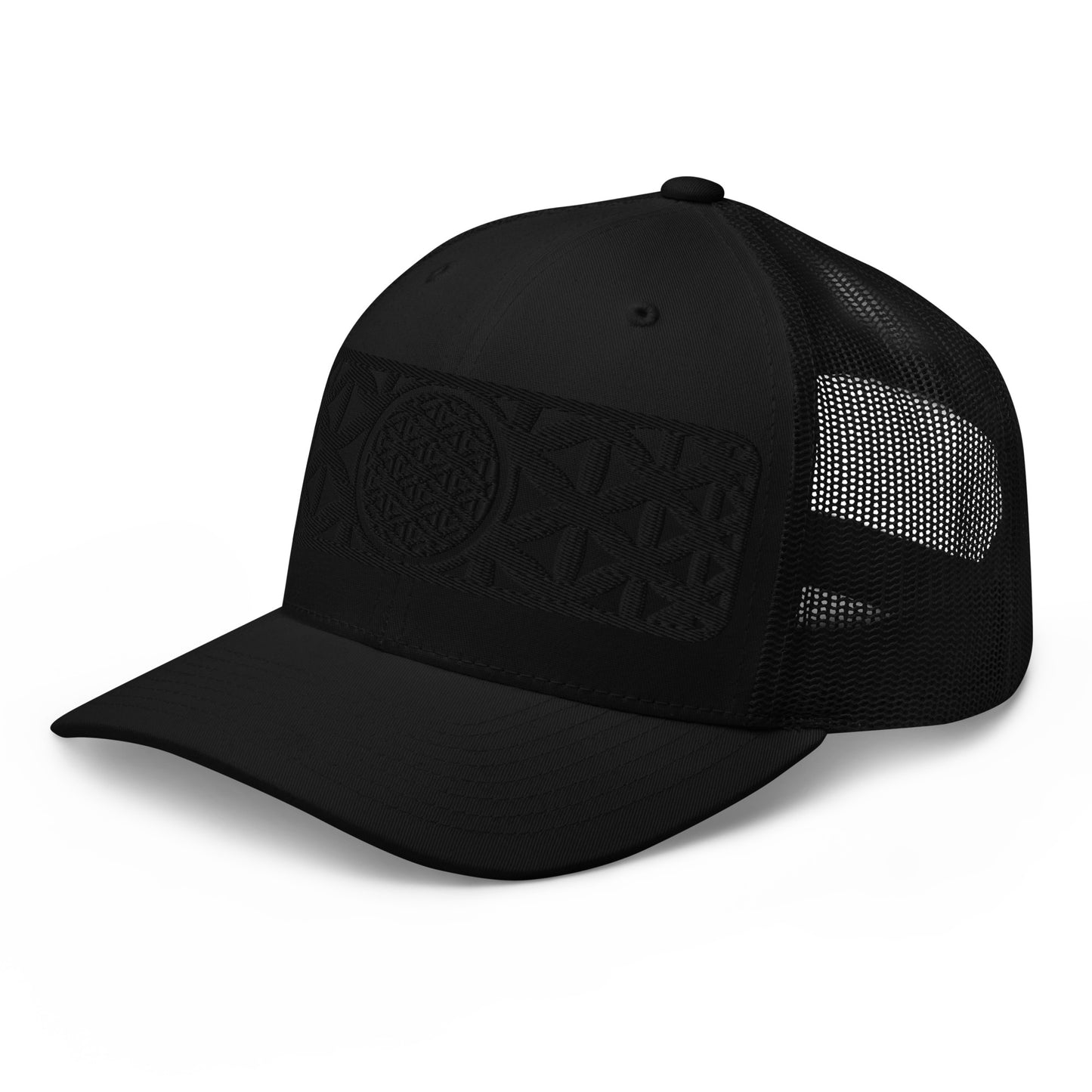 Black Flower Of Life Embroidered Trucker Cap