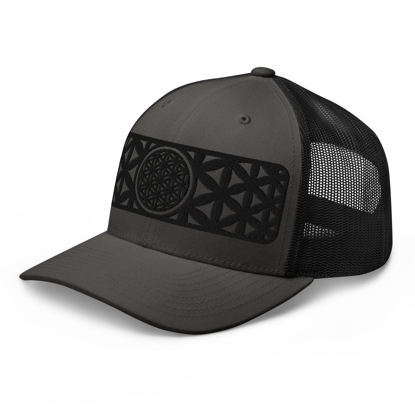 Black Flower Of Life Embroidered Trucker Cap