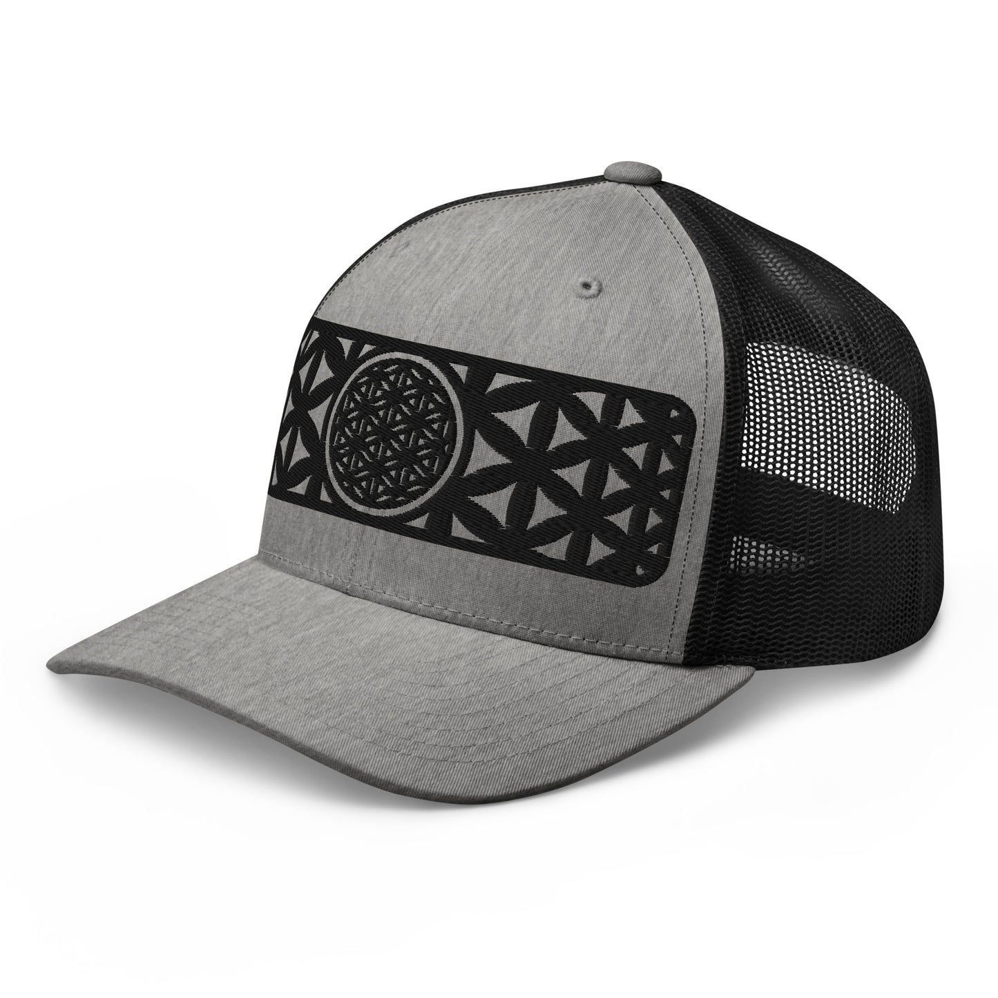 Black Flower Of Life Embroidered Trucker Cap