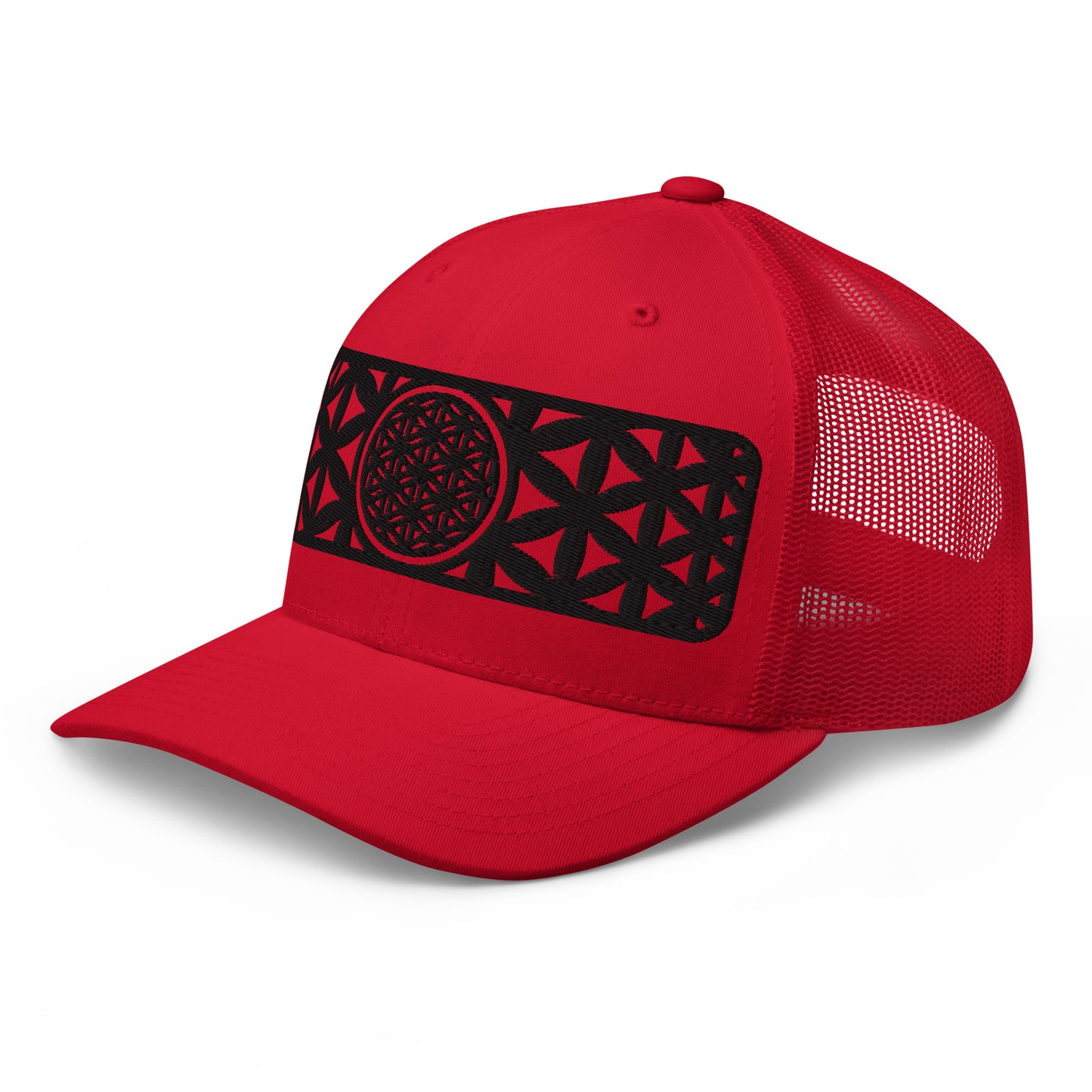 Black Flower Of Life Embroidered Trucker Cap
