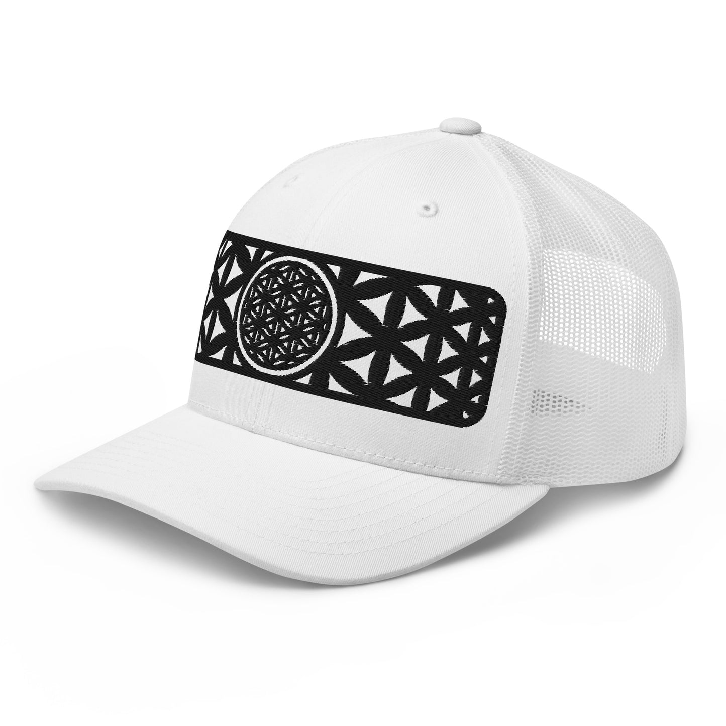 Black Flower Of Life Embroidered Trucker Cap