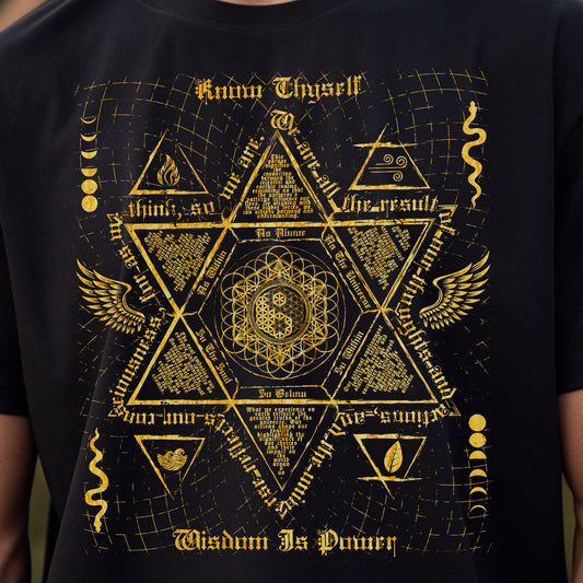 a person wearing a black shirt with a gold design on it