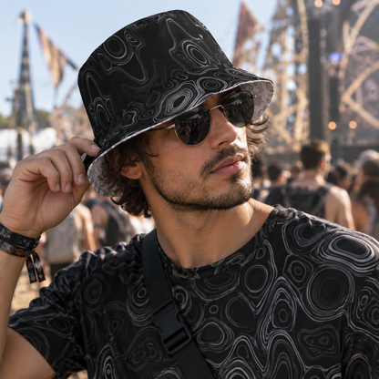 Psychedelic Reversible Bucket Hat, Surreal Waveform Face Pattern Festival Hat