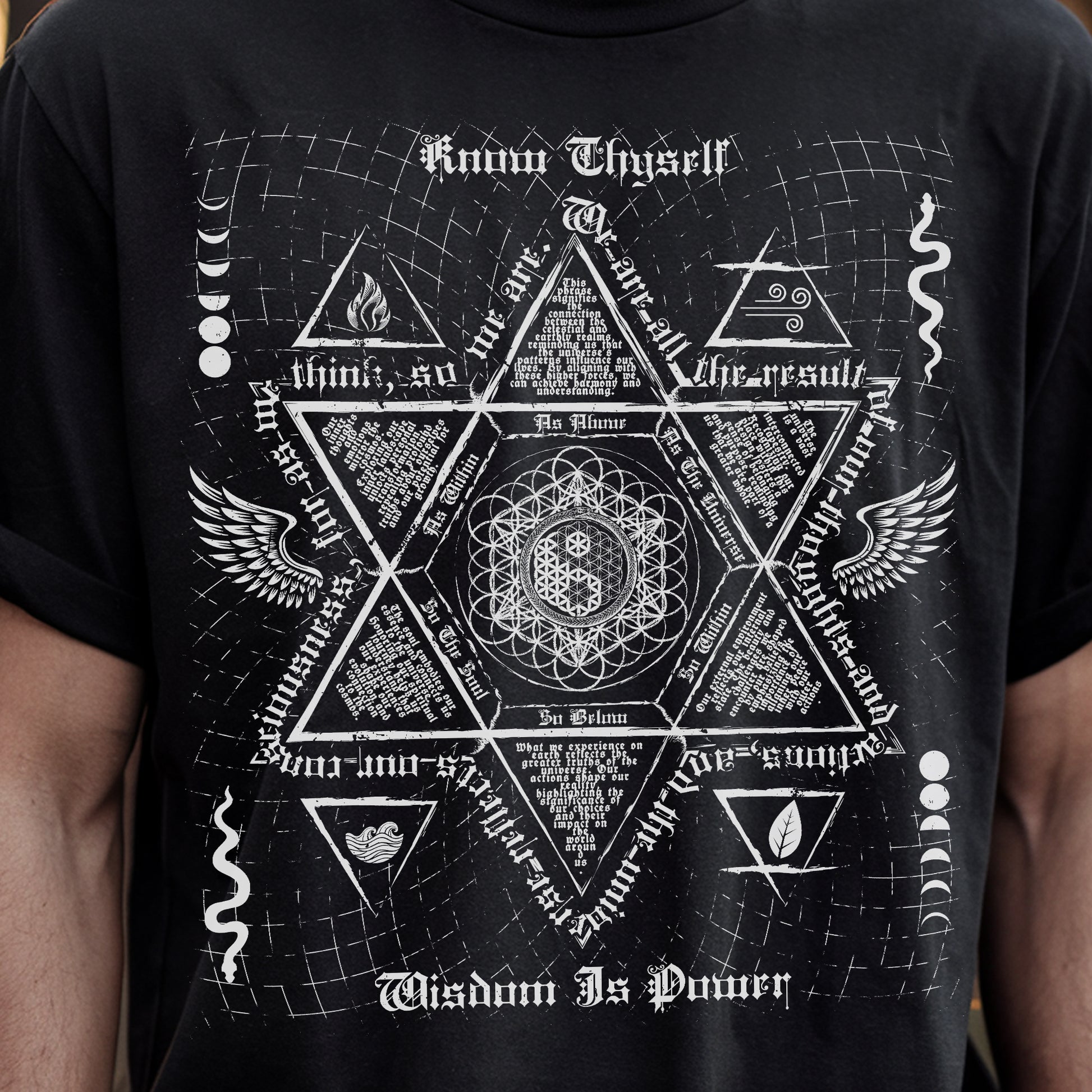 a man wearing a black t - shirt with a star of david on it