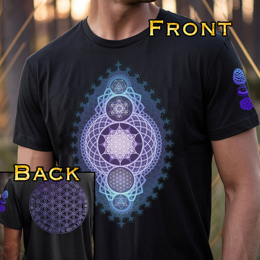 a man wearing a t - shirt with a picture of a flower of life on