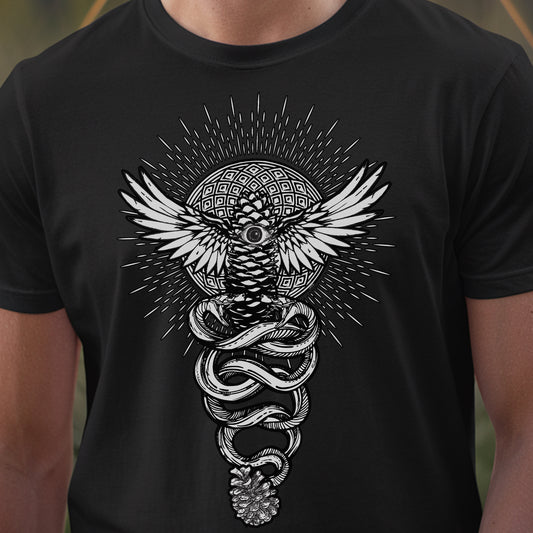 a man wearing a black t - shirt with an image of a snake wrapped around