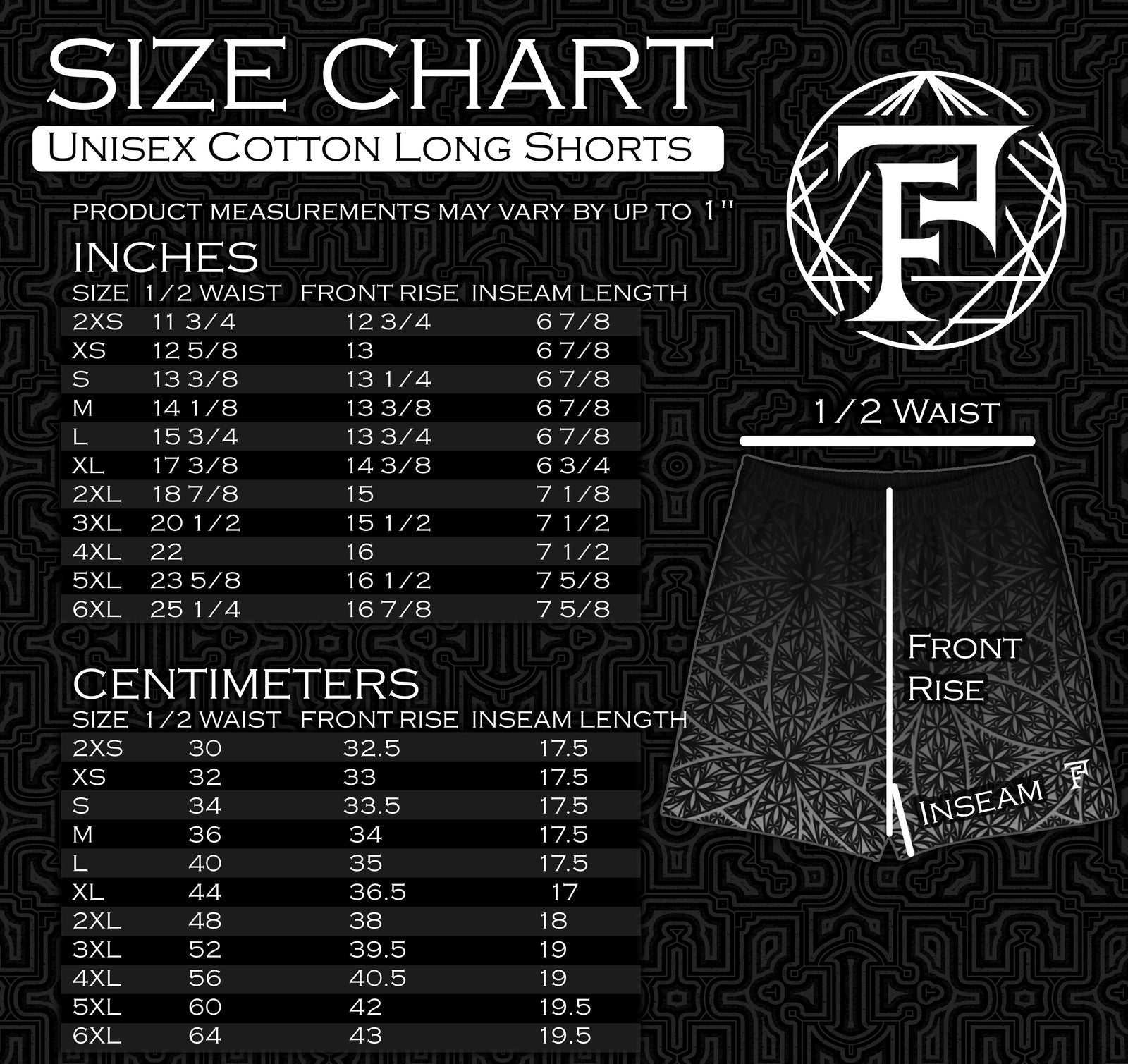 Size chart for Flower Of Life Constrast Unisex Cotton Long Short