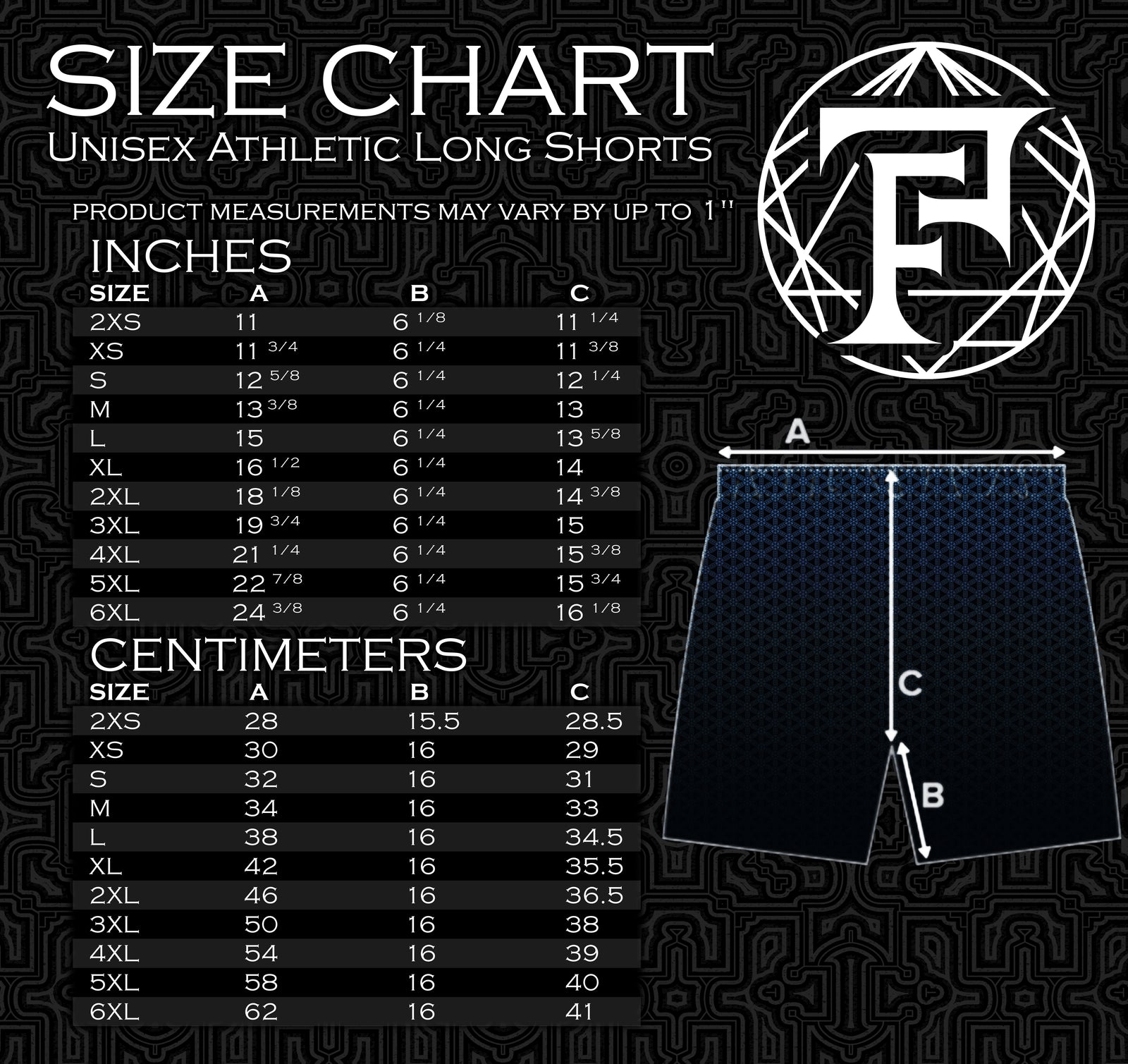 Size chart for Triangle Pattern Unisex Athletic Long Shorts