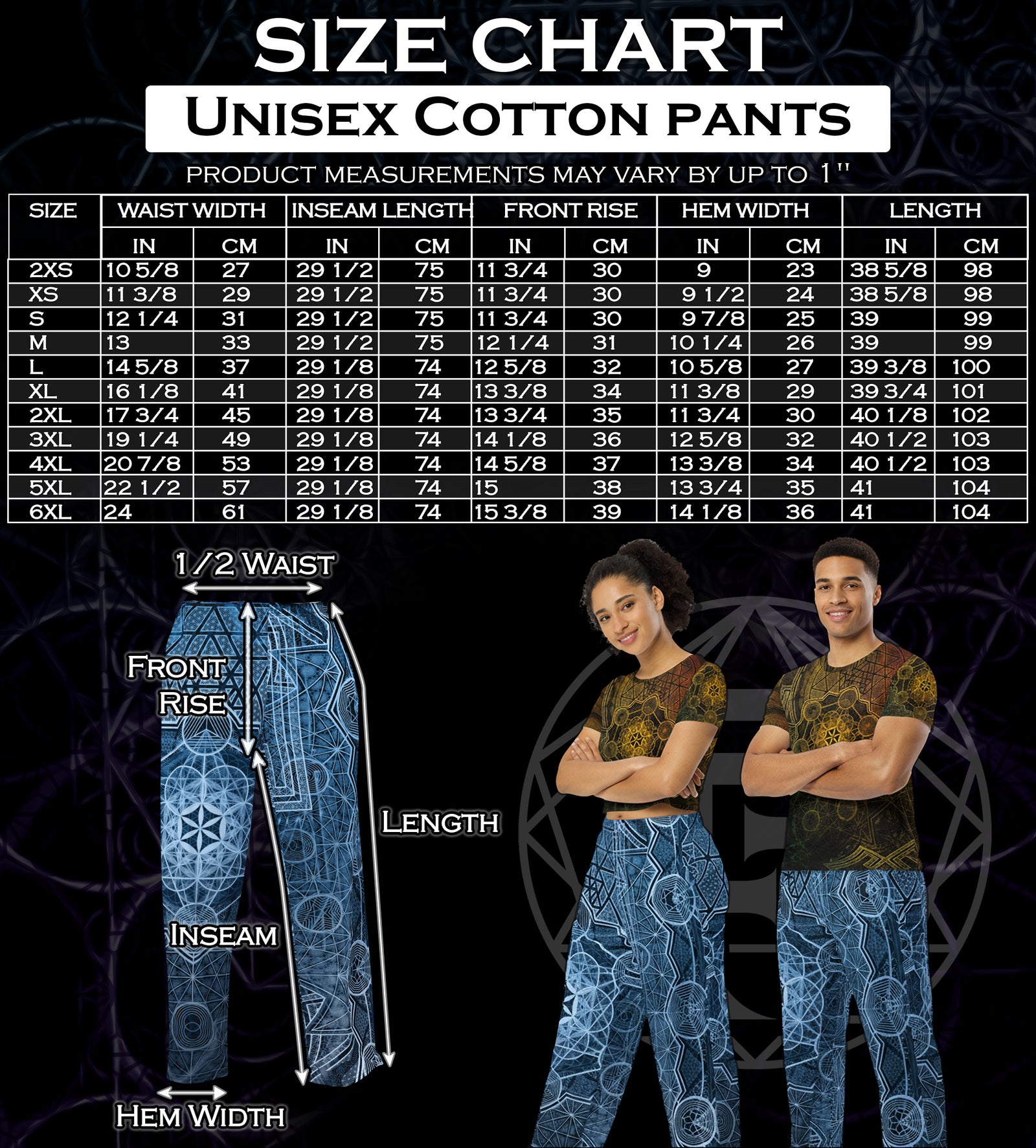 Size chart for Sacred Geometry Sri Yantra Unisex Cotton Wide-Leg Pants