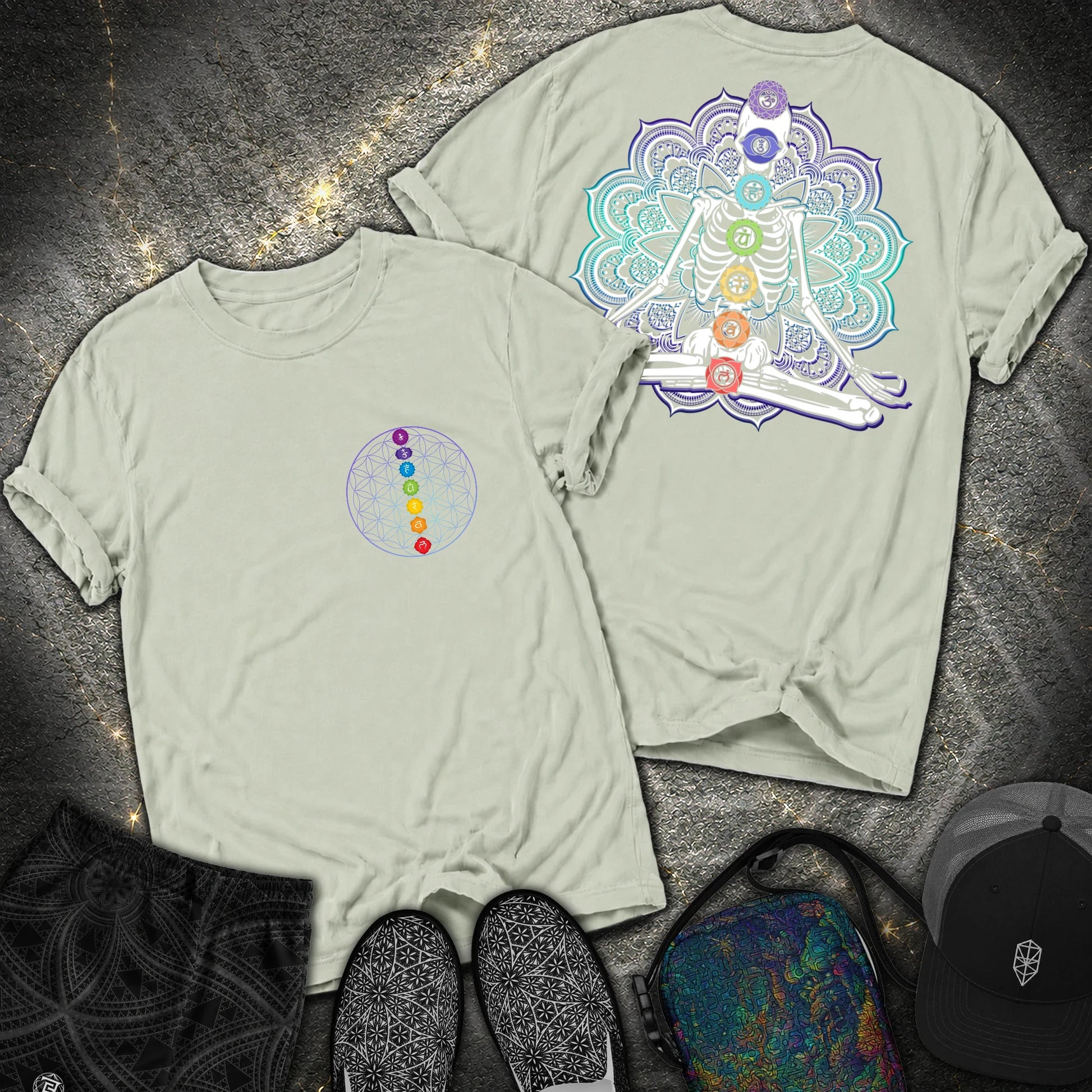 We Are One Meditating Skeleton 2 Sided T-Shirt - We Are One Meditating Skeleton 2 Sided Comfort T-Shirt - Bay