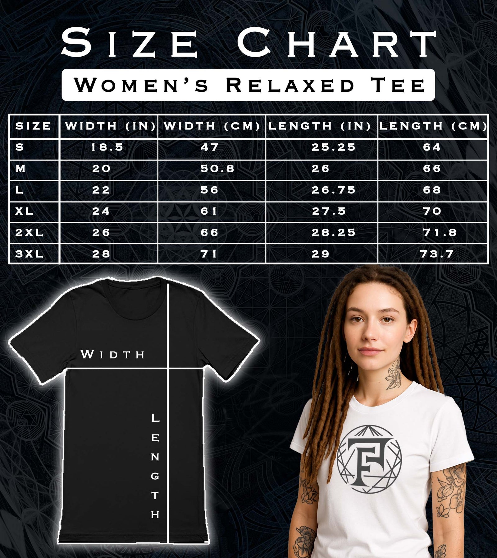 Size chart for Sacred Gold Merkaba Women's T-Shirt