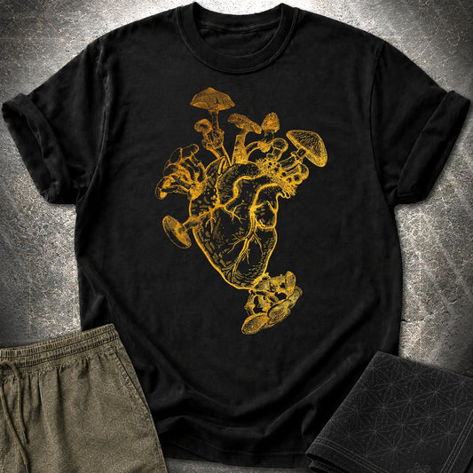 Mushroom Heart Gold T-Shirt - Mushroom Heart Gold T-Shirt - Black