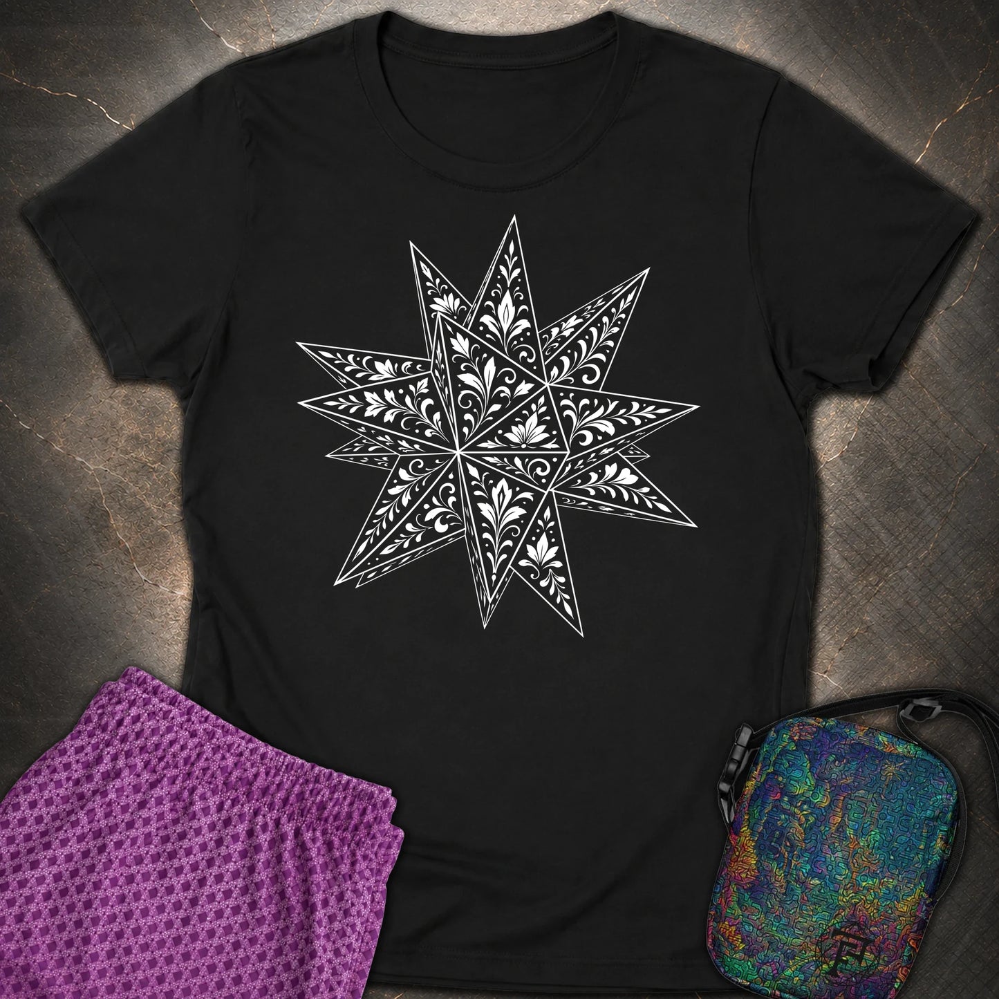 White Floral Stellated Dodecahedron - White Floral Stellated Dodecahedron Womens T-Shirt - Black