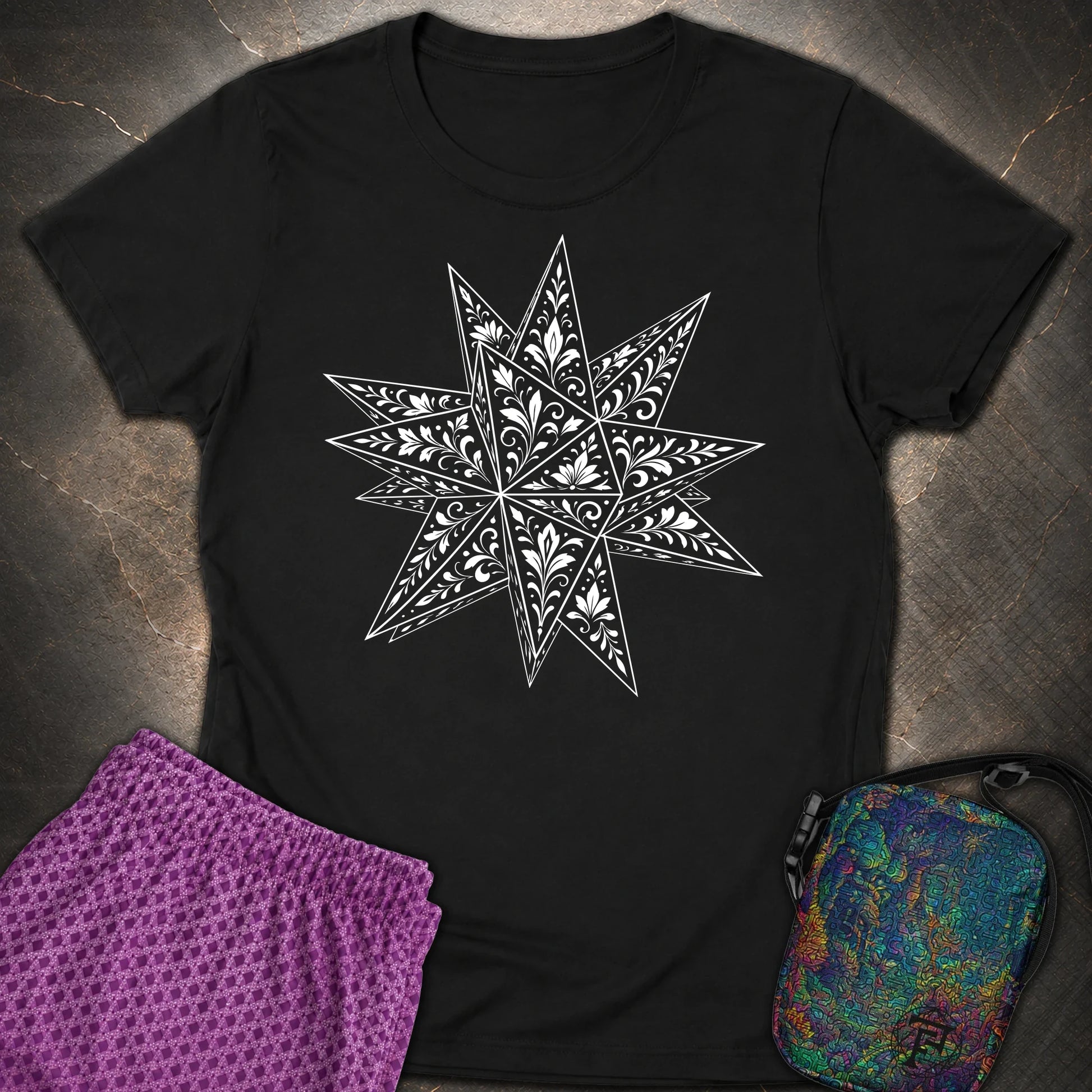 White Floral Stellated Dodecahedron - White Floral Stellated Dodecahedron Womens T-Shirt - Black
