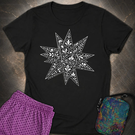 White Floral Stellated Dodecahedron - White Floral Stellated Dodecahedron Womens T-Shirt - Black