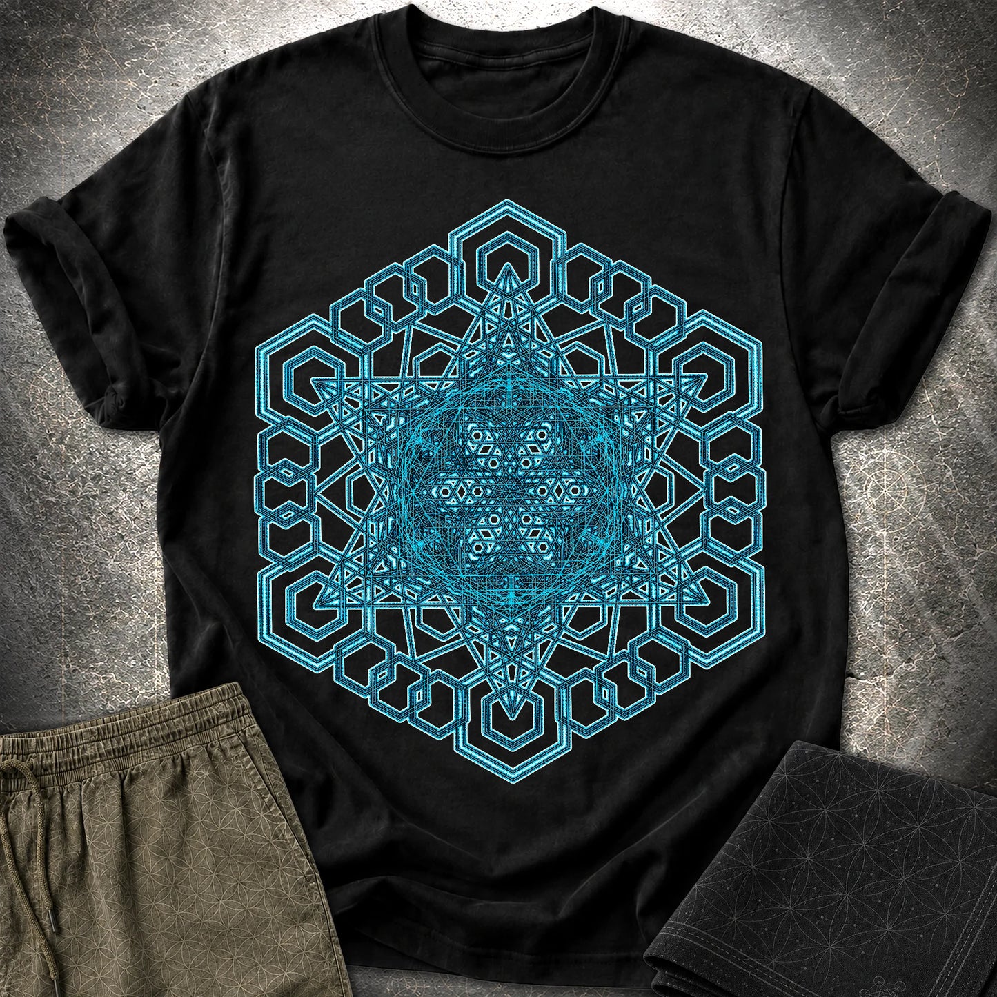 Sacred Geometry T-Shirt, Blue Geometric Mandala Shirt, Visionary Pattern Graphic Tee - Sacred Geometry T-Shirt, Blue Geometric Mandala Shirt, Visionary Pattern Graphic Tee - Black