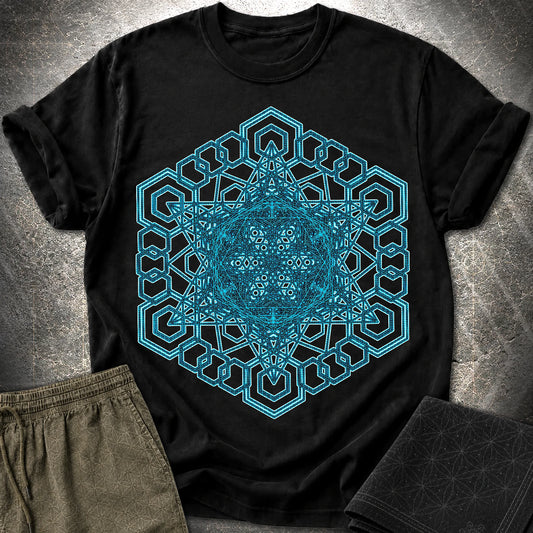 Sacred Geometry T-Shirt, Blue Geometric Mandala Shirt, Visionary Pattern Graphic Tee - Sacred Geometry T-Shirt, Blue Geometric Mandala Shirt, Visionary Pattern Graphic Tee - Black