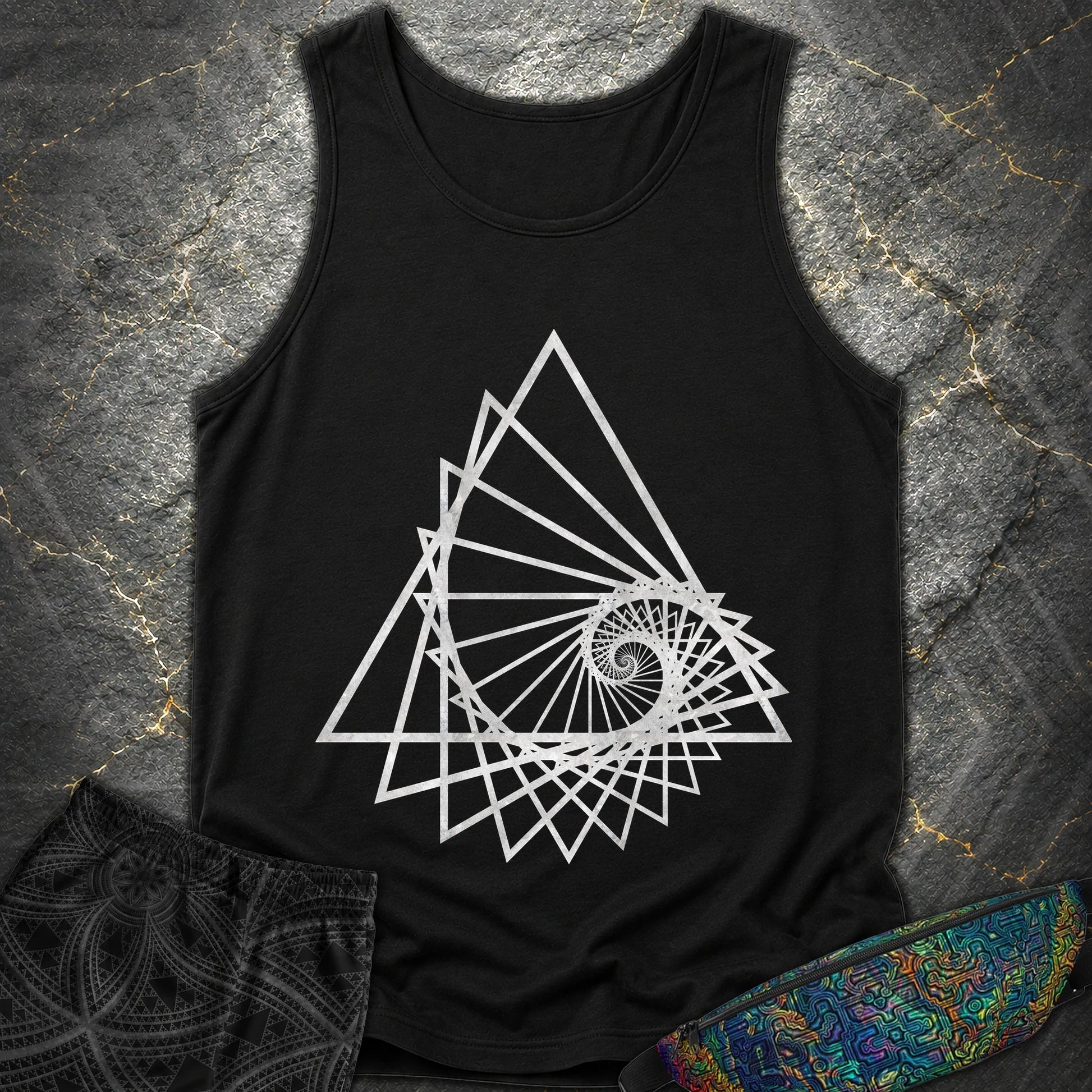 Spiralling Triangle Geometric T-Shirt - Spiralling Triangle Geometric Comfort Tank Top - Black