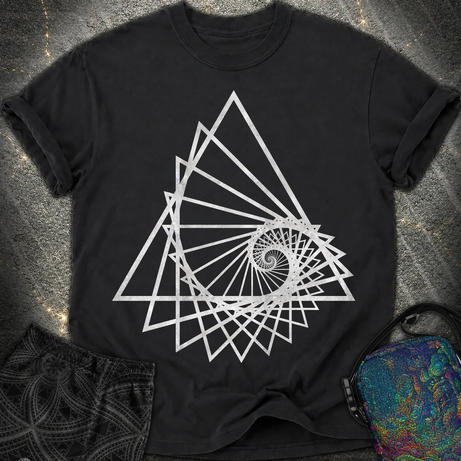 Spiralling Triangle Geometric T-Shirt - Spiralling Triangle Geometric Comfort T-Shirt - Black