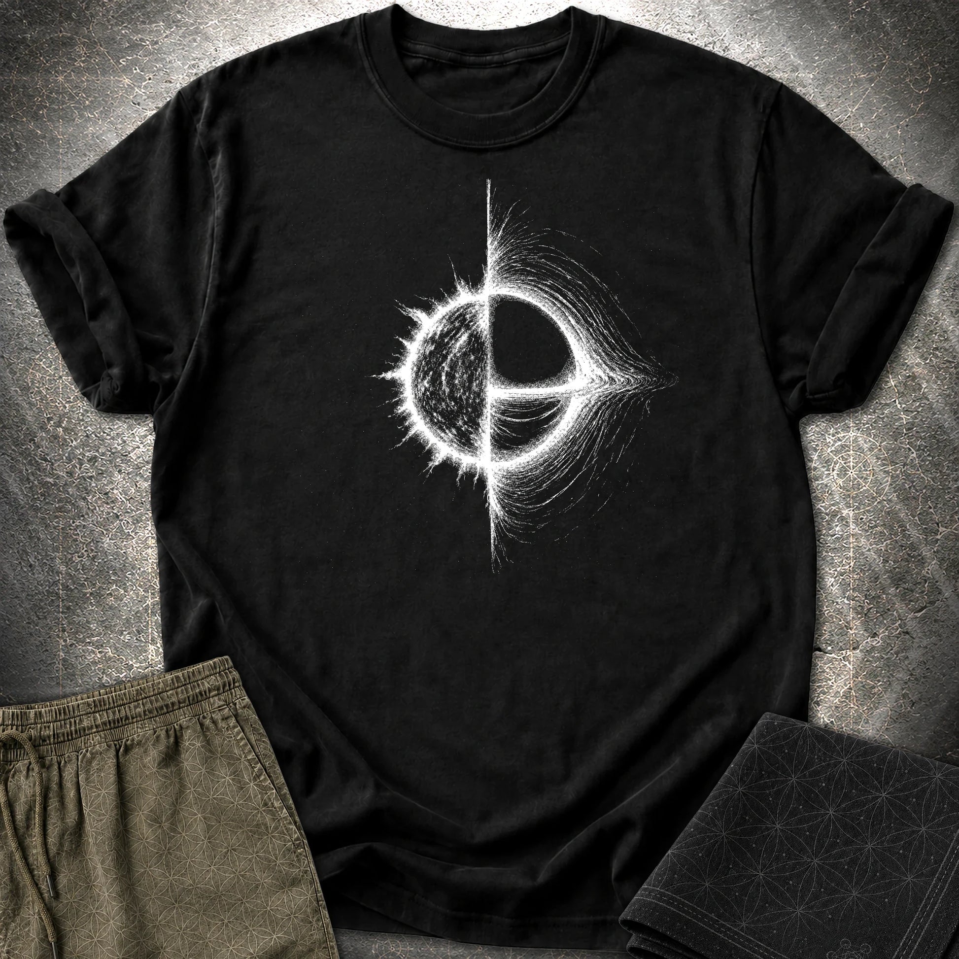 Cosmic Duality T-Shirt, Star and Black Hole Shirt, Space Symbol Graphic Tee - Cosmic Duality T-Shirt, Star and Black Hole Shirt, Space Symbol Graphic Tee - Black