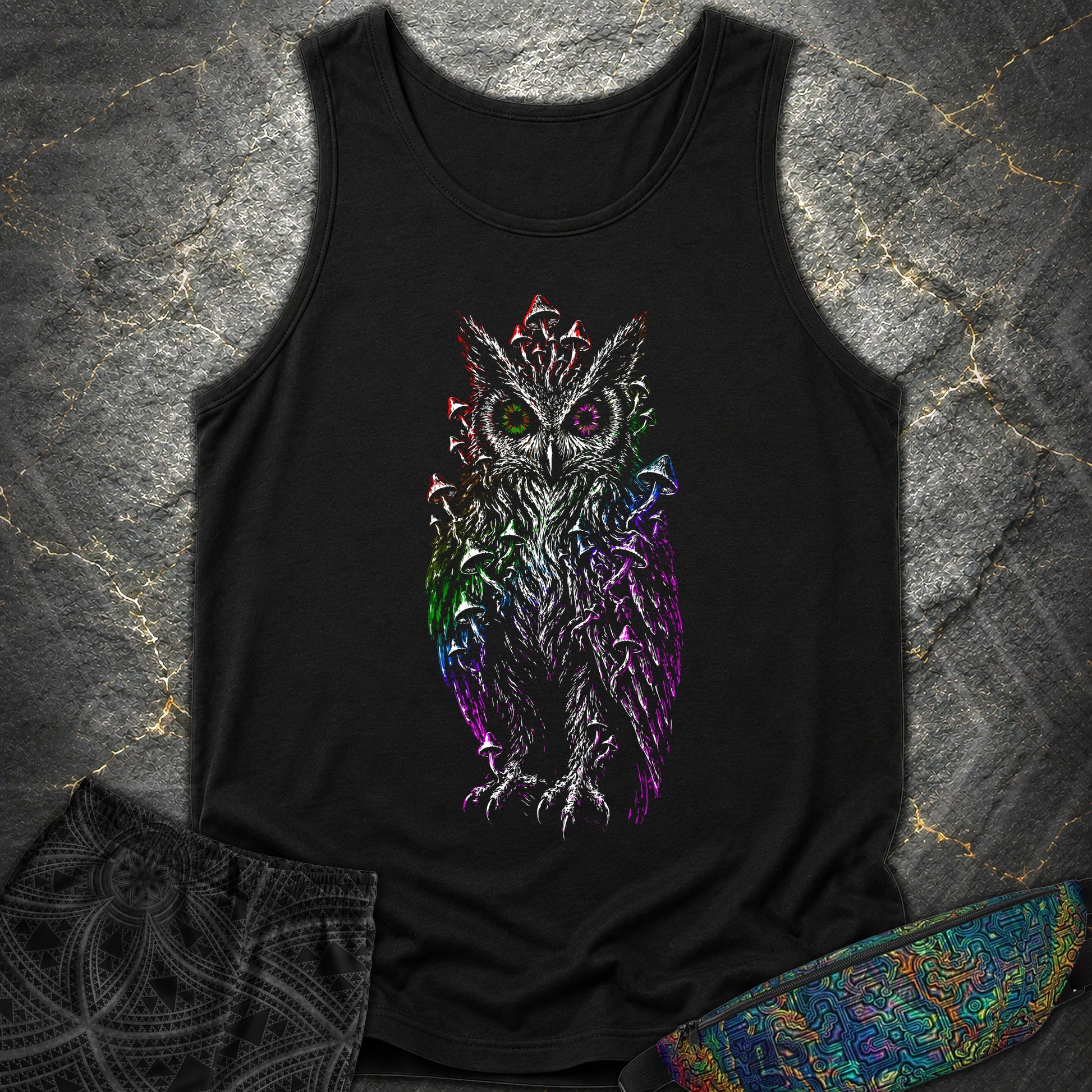 Trippy Mushroom Owl Comfort Tank - Trippy Mushroom Owl Comfort Tank - Black