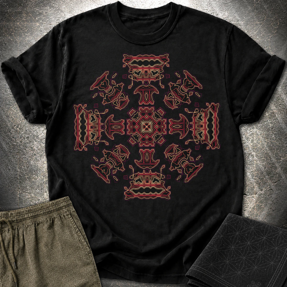 Shamanic Faces Geometric T-Shirt - Shamanic Faces Geometric T-Shirt - Black