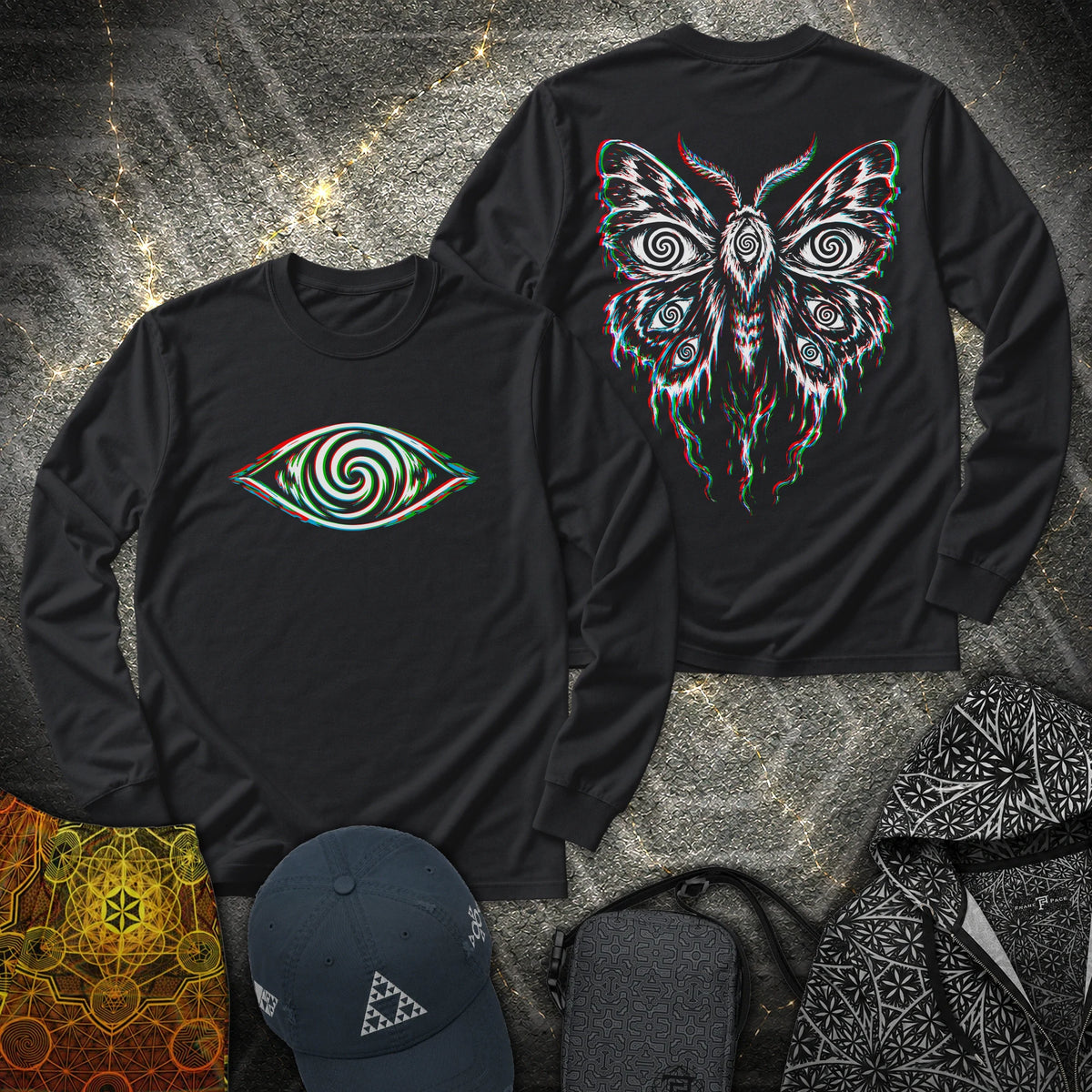 Hypnotic Eye Moth 2 Sided Long Sleeve Shirt showing front and back artwork
