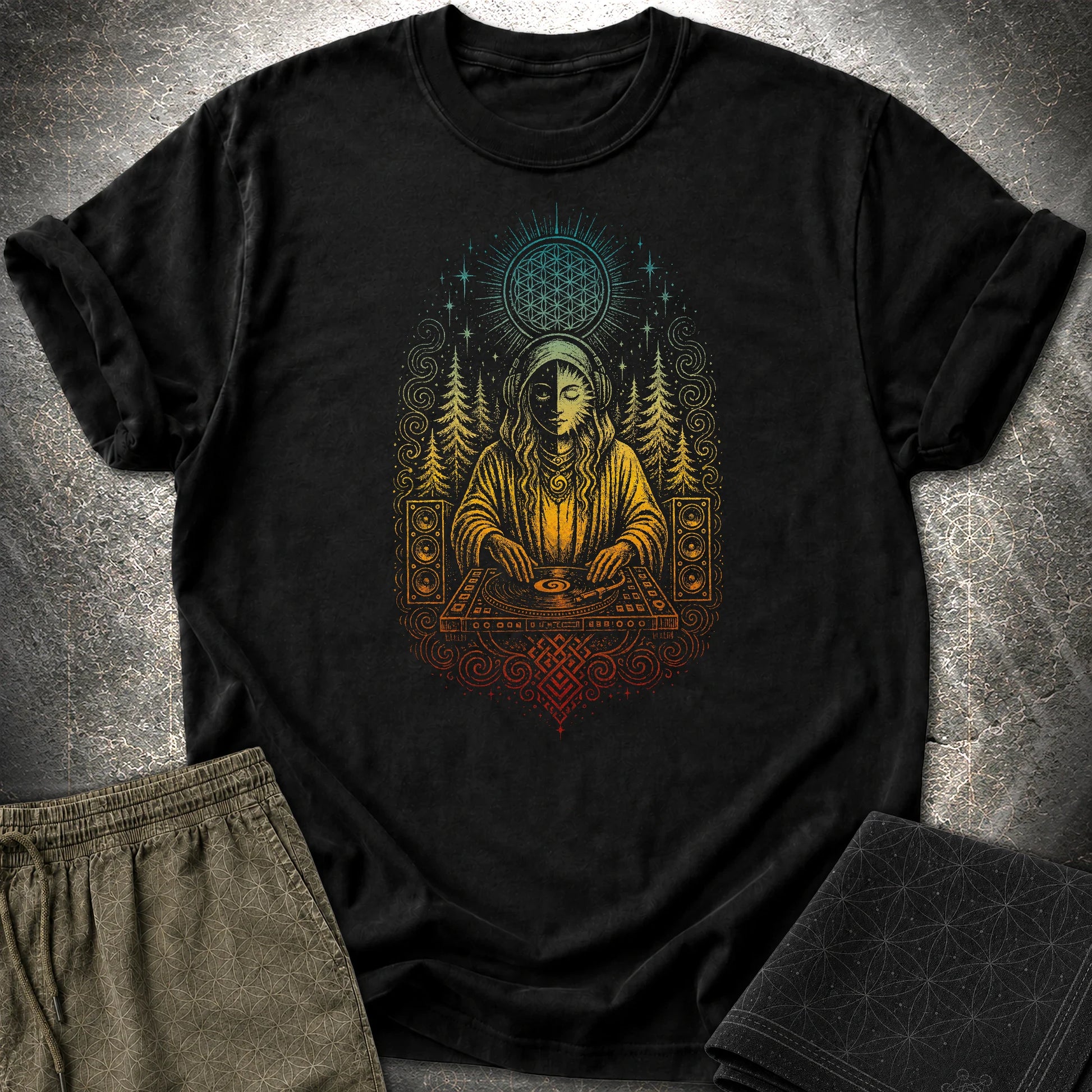 Mystic DJ T-Shirt, Psychedelic Rave Goddess Shirt, Sacred Geometry Festival Graphic Tee - Mystic DJ T-Shirt, Psychedelic Rave Goddess Shirt, Sacred Geometry Festival Graphic Tee - Black