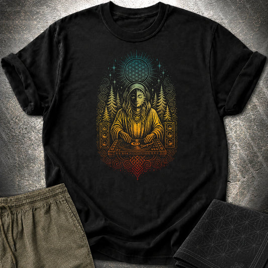 Mystic DJ T-Shirt, Psychedelic Rave Goddess Shirt, Sacred Geometry Festival Graphic Tee - Mystic DJ T-Shirt, Psychedelic Rave Goddess Shirt, Sacred Geometry Festival Graphic Tee - Black