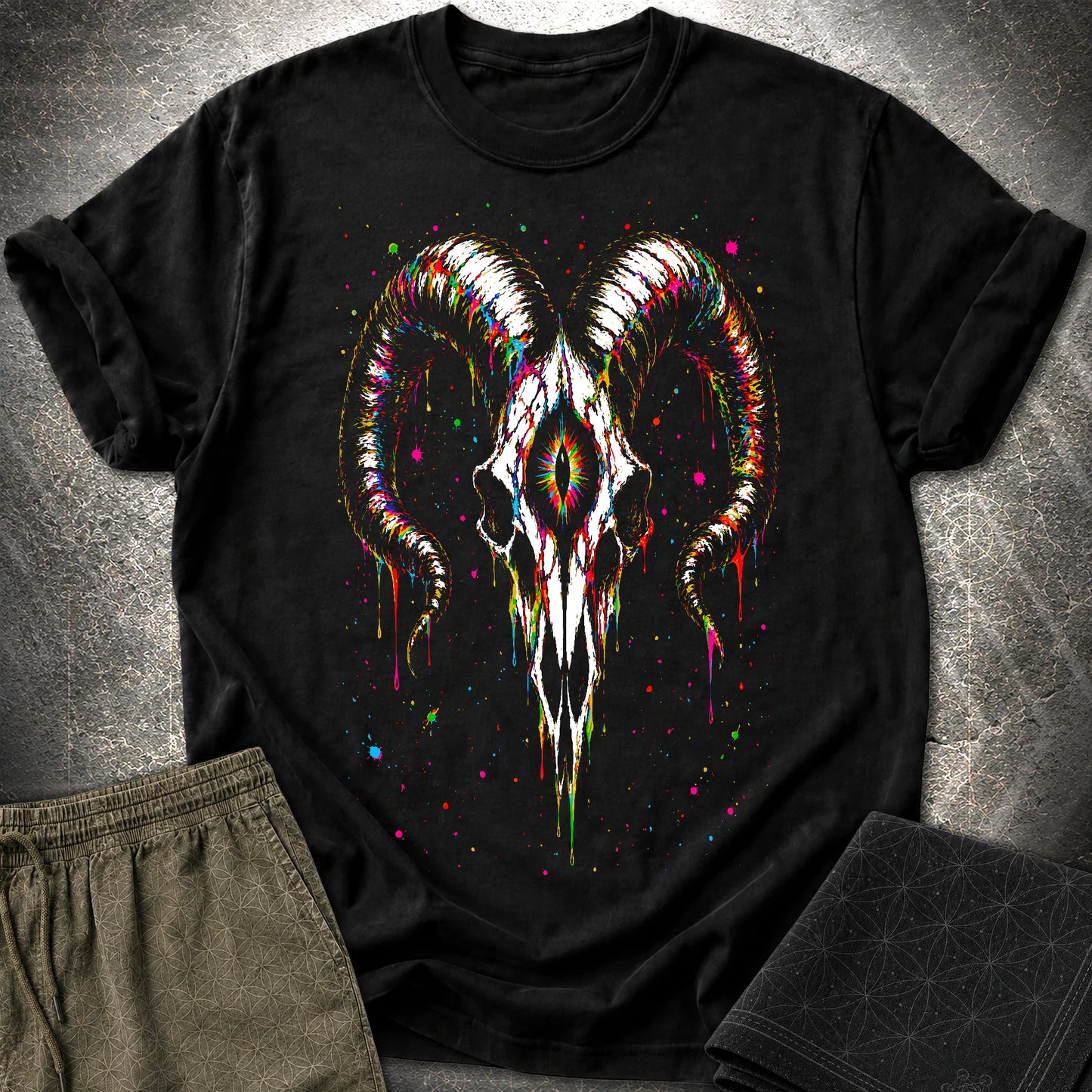 Psychedelic Ram Skull T-Shirt, Colorful Occult Skull Shirt, Trippy Gothic Festival Graphic Tee - Psychedelic Ram Skull T-Shirt, Colorful Occult Skull Shirt, Trippy Gothic Festival Graphic Tee - Black